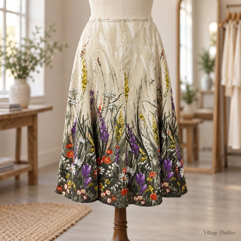 Chico's Skirt Womens 2 Large Cream Floral Silk Blend A-Line Midi Garden Party